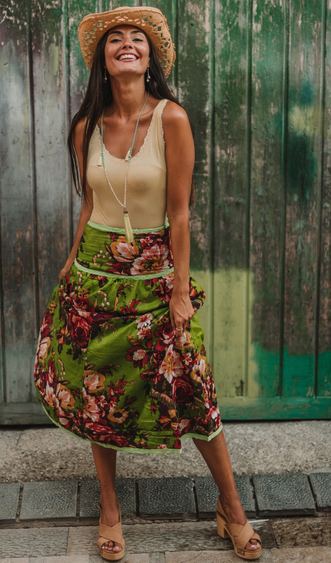 Marcelle Green Floral Cotton Summer Midi Skirt Gifts Style Etsy