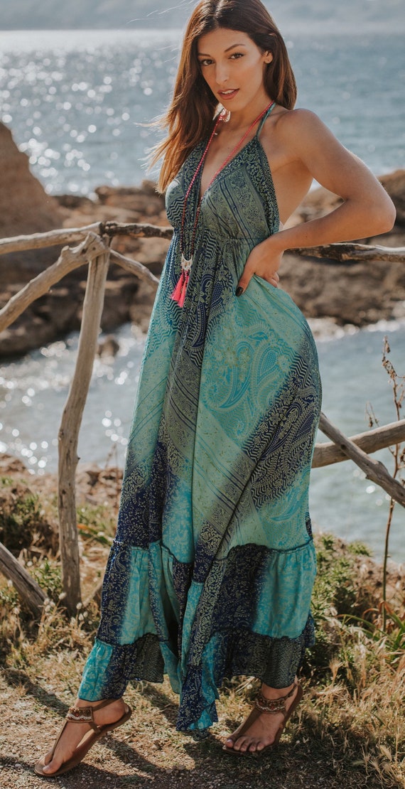 Turquoise Blue Boho Maxi Summer Dress 