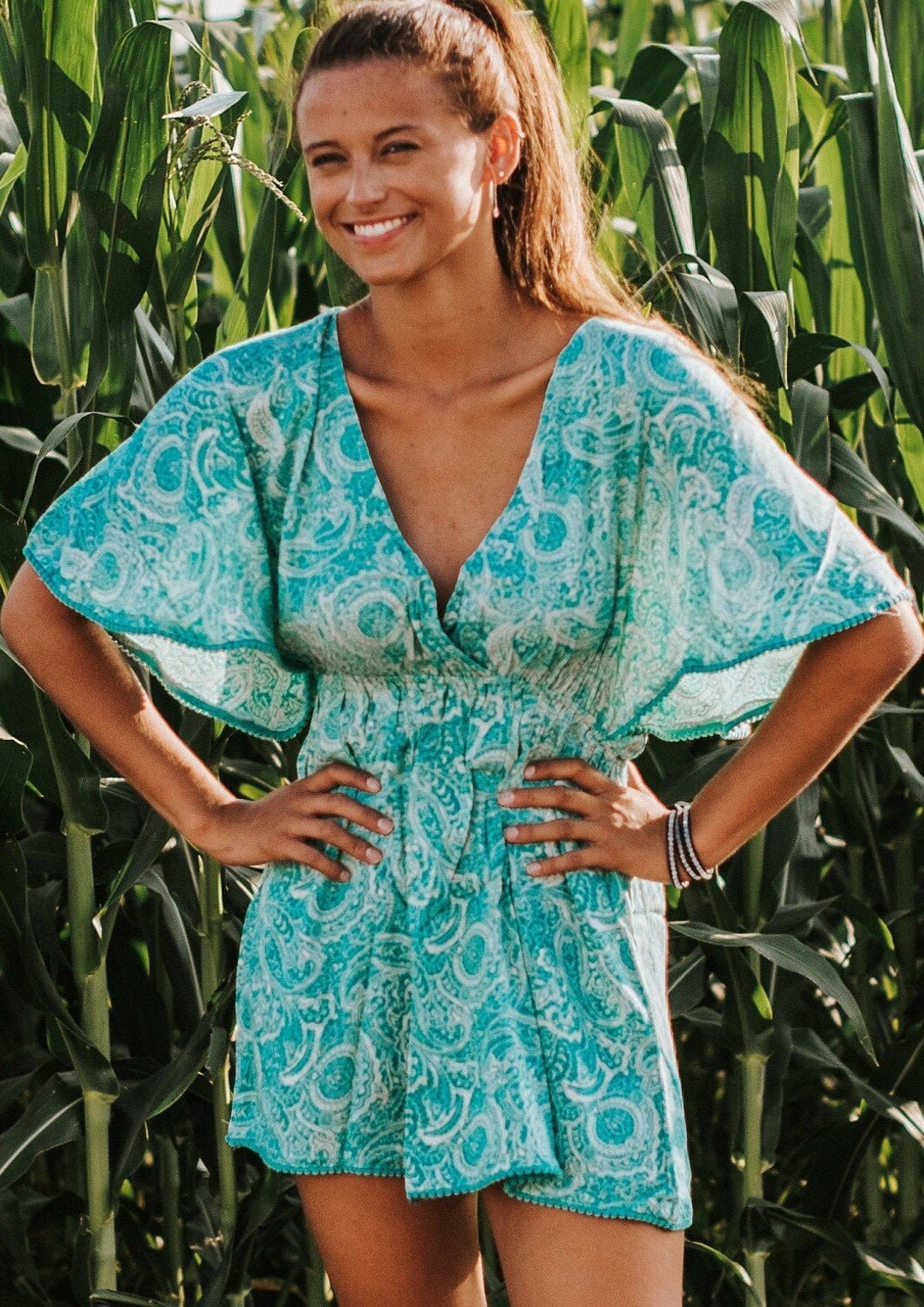 Green Summer Short Dress , Boho Dress, Tunic Short Dress, Beach Dress