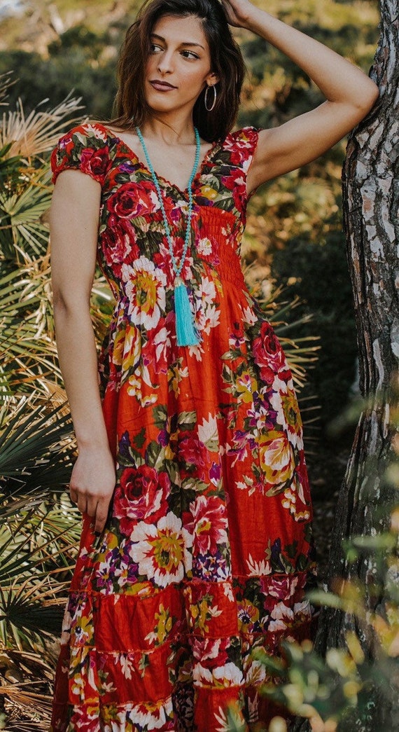 Orange Boho Cotton Floral Long Christmas Gift Romantic Long Flower Dress for Women Floral Dress off the Shoulder THAILAND DRESS Etsy New Zealand