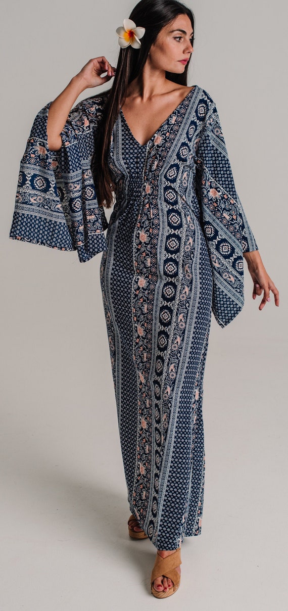 Dress V Neck Dress Navy Long Boho Flowy 
