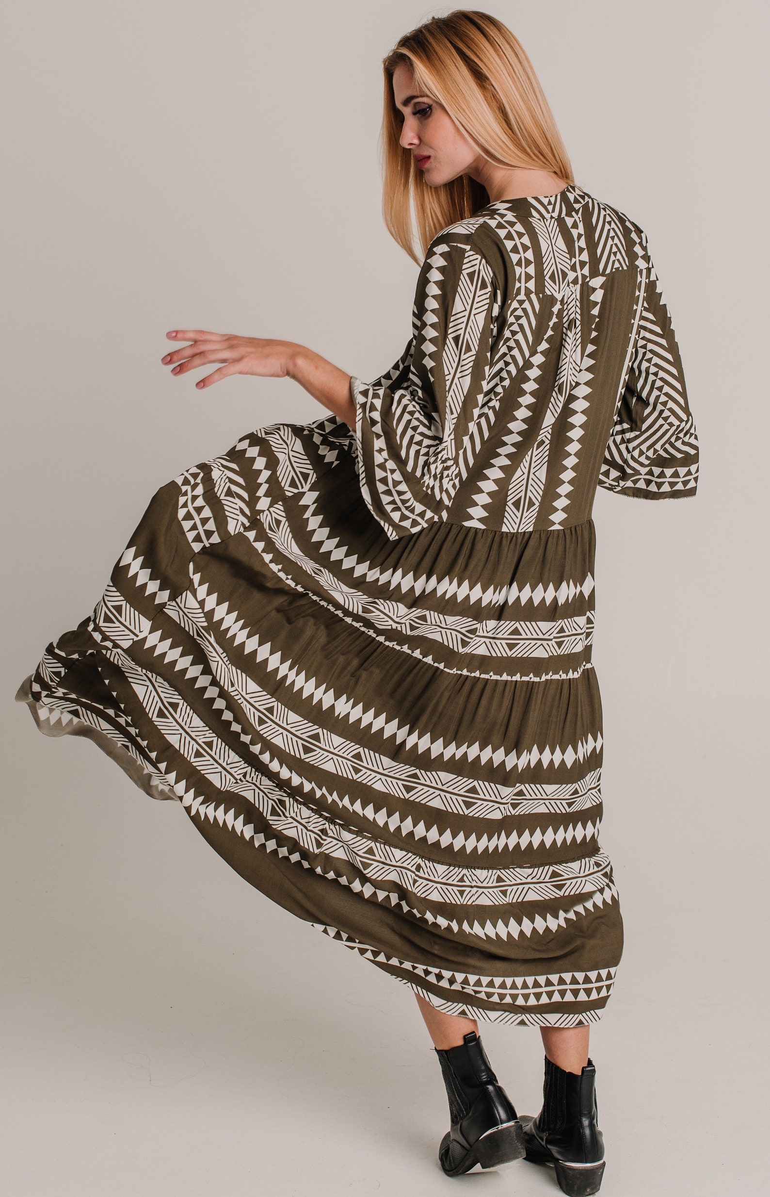 Long Brown Tribal Print Dress Bohemian Dress with loose Etsy