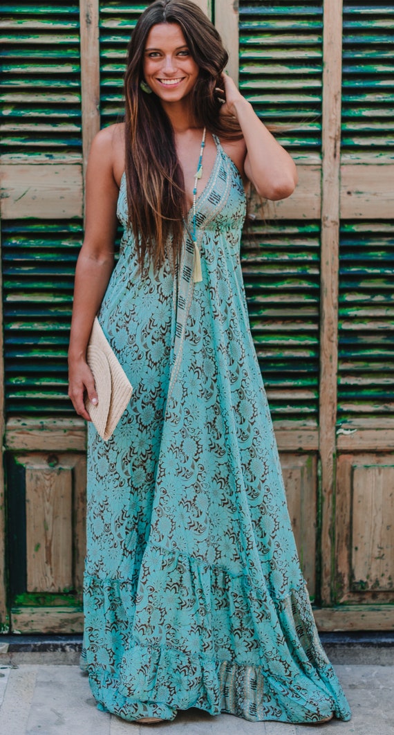 Turquoise Blue Silk Boho Maxi Summer ...