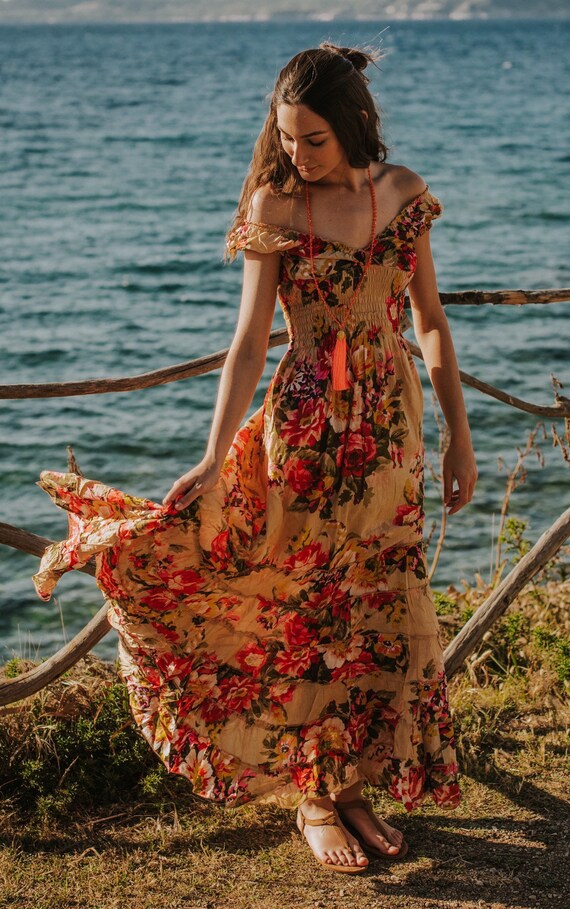 Beige Boho Cotton Floral Long Christmas Gift Romantic Long Flower