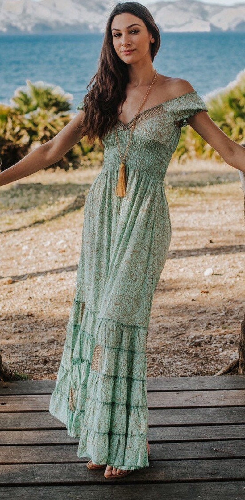 Light Green Boho Silk Long Maxi Summer Dress Romantic Long | Etsy