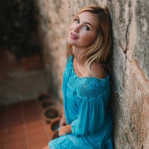 BELLA dress, turquoise crochet collar, super soft rayon summer short dress, gifts  style