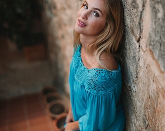 BELLA dress, turquoise crochet collar, super soft rayon summer short dress, gifts  style