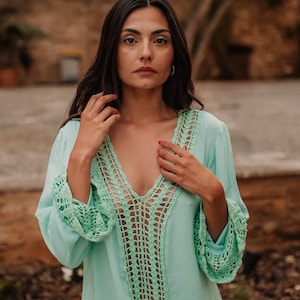 ISA boho short dress, sea green crochet detailed, christmas gift, super soft rayon fashion dress, bohemian beach cover up, gifts for her
