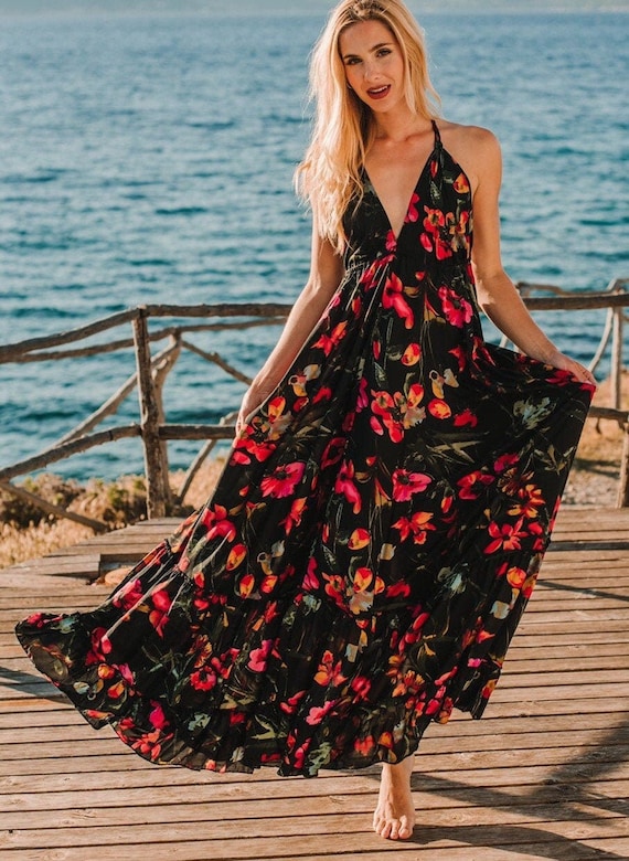 Black floral boho dress sales