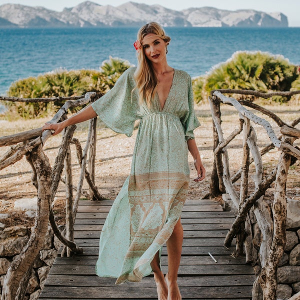 Magnifique robe bohème d'été en soie caftan, longue robe ethnique ample hippie à manches larges BORA BORA DRESS vert d'eau