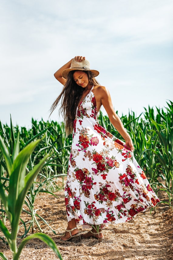 IBIZA White Boho Dress Boho Summer Dress for Women Bohemian Fashion Dress Maxi Boho Dress Boho Floral Print Dress Tribal Hippie Dress Etsy