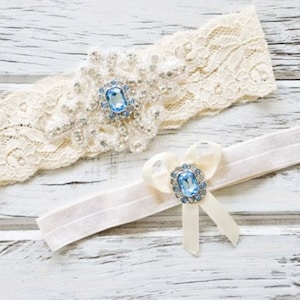 Blue Topaz Garters for Wedding Ivory White Non Slip Lace Bridal Accessory Shower Gift