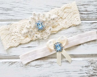 Blue Topaz Garters for Wedding Ivory White Non Slip Lace Bridal Accessory Shower Gift