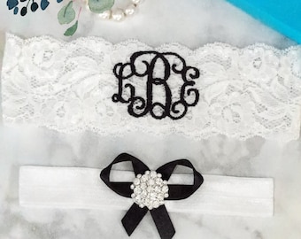 Black Wedding Garter Personalized Bridal Garters Monogrammed Non Slip Lace