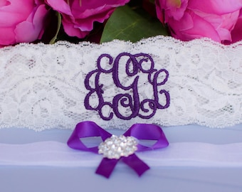 Purple Wedding Garter Monogrammed Brides Bridal Gift Plus Size