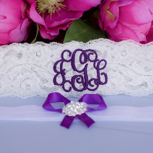 Purple Wedding Garter Monogrammed Brides Bridal Gift Plus Size