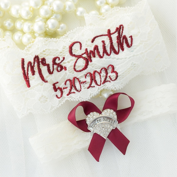 Cabernet Wine Wedding Garter Custom Personalized Non Slip Lace Date