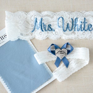 Dusty Blue Wedding Garter for Brides Personalized Non Slip Lace zdjęcie 3