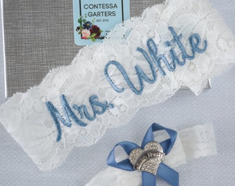 Giarrettiera da sposa blu polvere per spose in pizzo antiscivolo personalizzato