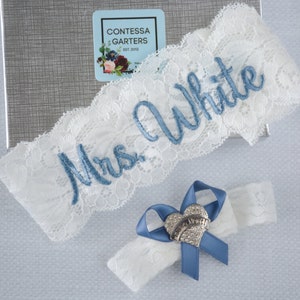 Dusty Blue Wedding Garter for Brides Personalized Non Slip Lace