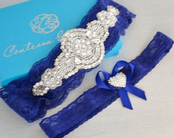 Jarretière de mariage bleu royal pour mariées Dentelle Cadeau de douche nuptiale