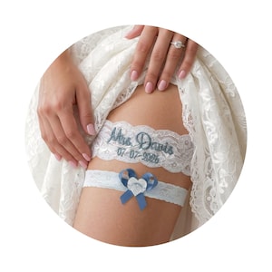 Dusty Blue Wedding Garter Personalized Custom Embroidered Name Date Something Blue Bridal Non Slip Lace Leg Band Bride Keepsake