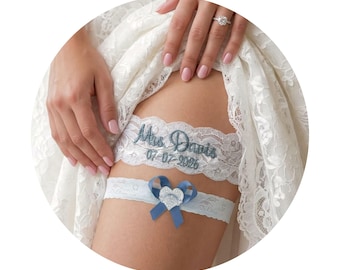 Dusty Blue Wedding Garter Personalized Custom Embroidered Name Date Something Blue Bridal Non Slip Lace Leg Band Bride Keepsake