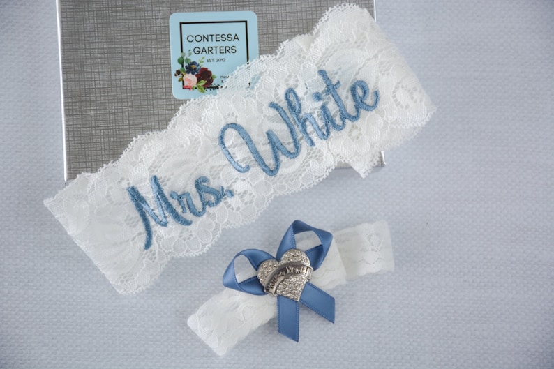Dusty Blue Wedding Garter for Brides Personalized Non Slip Lace image 1