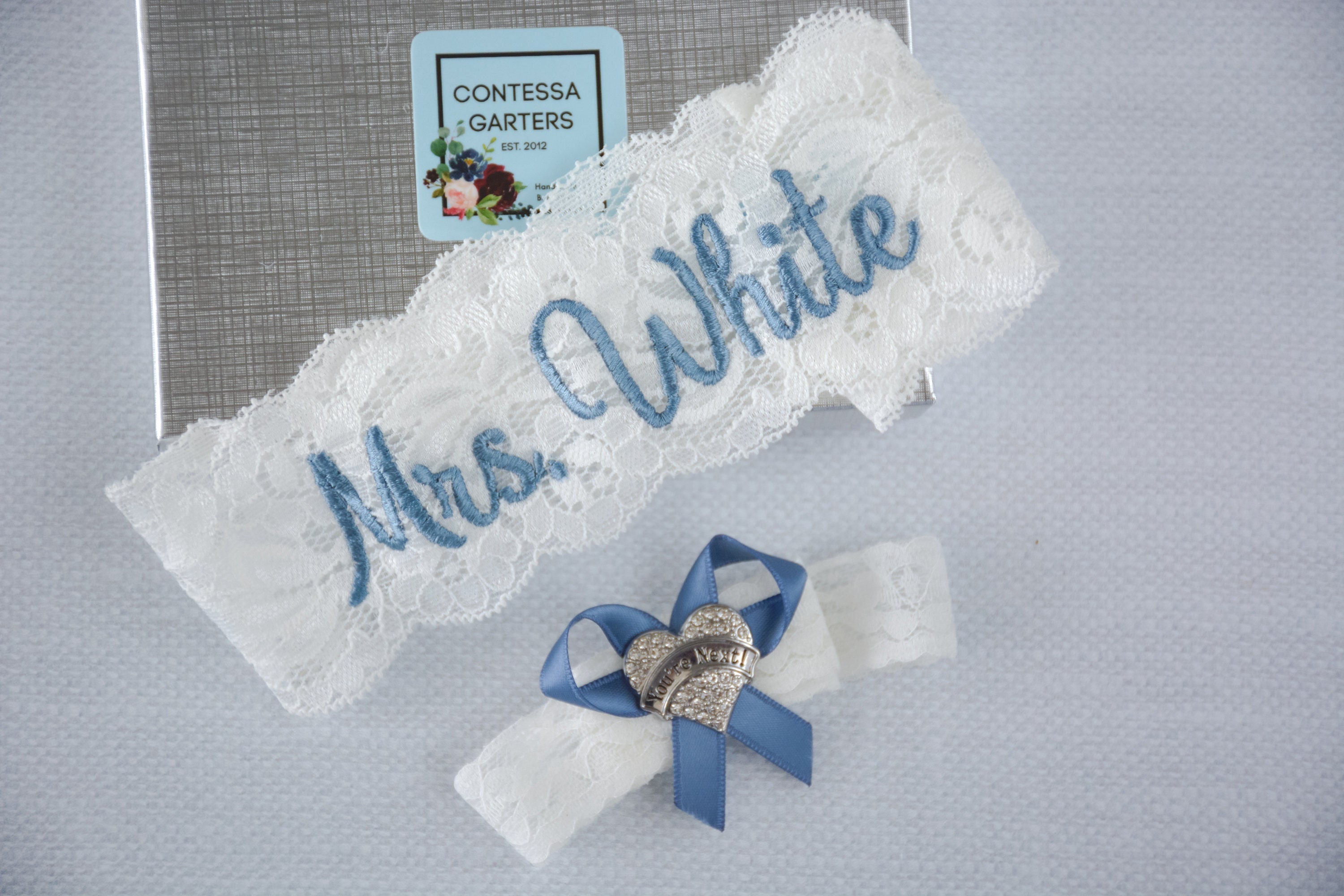 Dusty Blue Wedding Garter for Brides Personalized Non Slip Lace