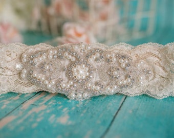 Ivory Wedding Garter White Beaded Non Slip Bridal