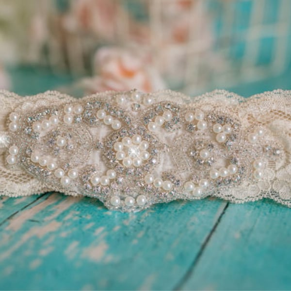 Ivory Wedding Garter White Beaded Non Slip Bridal