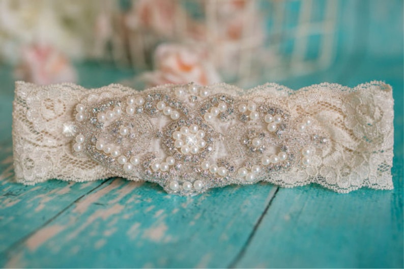 Ivory Wedding Garter White Beaded Non Slip Bridal image 1