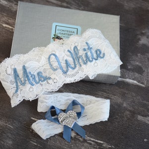 Jarretière de mariage bleu poudré pour mariée en dentelle antidérapante personnalisée image 5