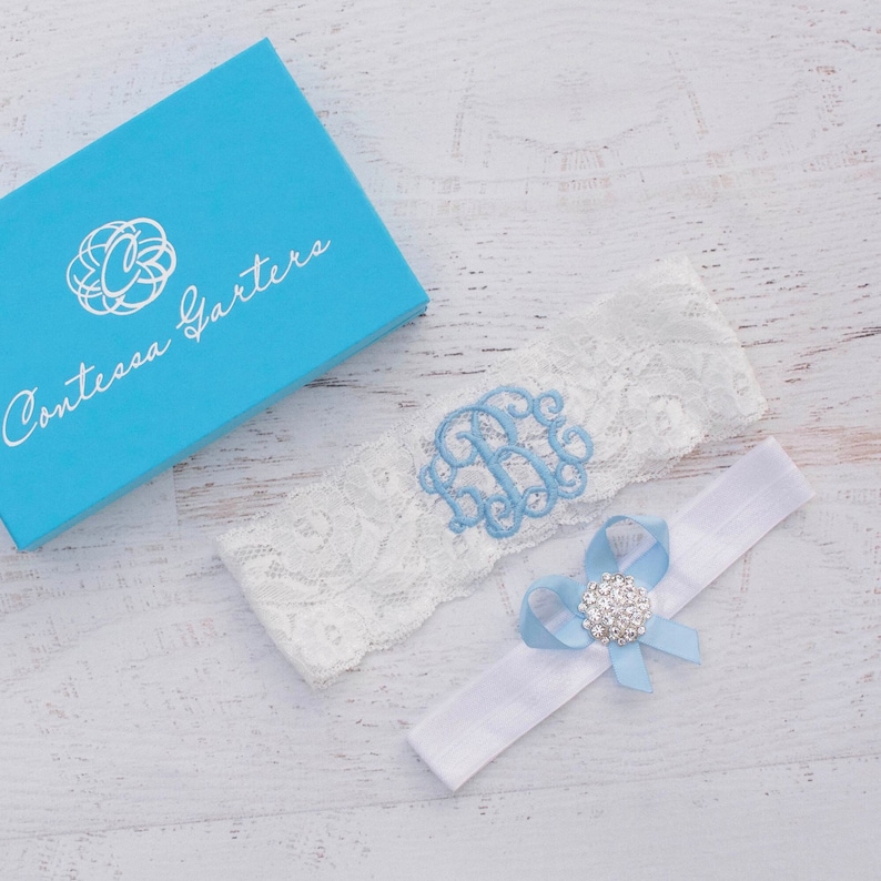 Wedding Garters for Brides Blue Ivory White image 1