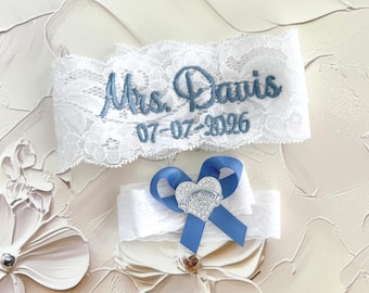 Dusty Blue Wedding Garter for Brides Personalized Non Slip Lace