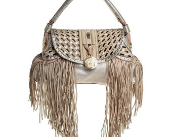 Versace Hobo Gold Beige Cream Quality Leather Suede Tassel Fringe Designer European Bag ITALY NEW