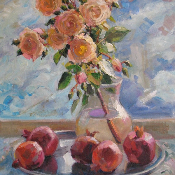 Winter roses painting, Impressionism Art, Still life with roses and fruits, Fine Artwork, Colourful Painting, Oil Canvas artwork