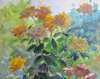 May include: A painting of a garden scene with a variety of flowers in shades of yellow, orange, pink, and blue. The flowers are arranged in a cluster in the center of the painting, with green leaves surrounding them.