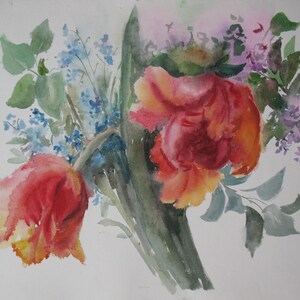 Original Aquarell Malerei auf Papier, Rote Tulpen und Flieder, Frühlingsblumen Malerei, Modernes Schlafzimmer Dekor, Geschenk für Sie von N.Hramova