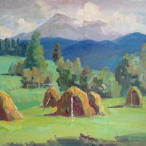 Mountain landscape, Summer evening, Carpathian mountains, Іmpressionism, Original Oil Canvas painting, Plein air artwork by N.Hramova