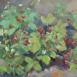 Petite peinture à l'huile sur panneau aux fraises, Décoration de cuisine verte, Ambiance estivale, Art botanique, Cadeau pour maman, Art mural, Impressionnisme par N.Hramova