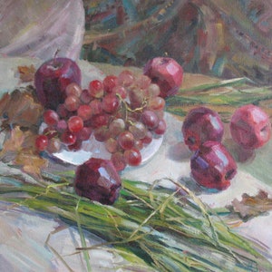 Still life with Grapes and Apples, Ukrainian art, Kitchen decor, Gift for Mom, Colourful artwork, Wall art, Oil Canvas Painting by N.Hramova