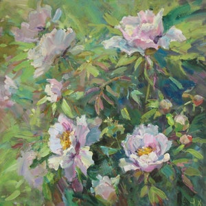 Pintura al óleo original de peonías de árbol sobre tabla, flores de verano, decoración de peonías rosas, regalo floral de verano para ella, arte al aire libre de N. Hramova