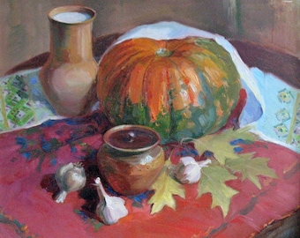 Pumpkin painting, oil painting of a white pumpkin w stem, impressionistic, STRADA easel challenge Marilyn Eger 6x6