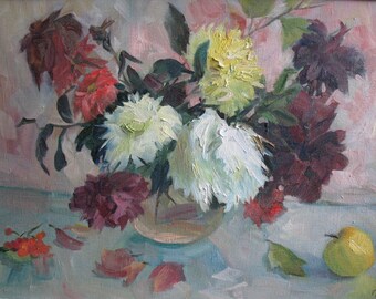 Flowers, Purple yellow red and white dahlias, flowers in a vase, green apple, Original painting Canvas Painting, Oil art by Hramova Nadejda