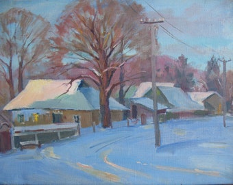 Oljemålning med vinterlandskap, ukrainsk lantlig gatukonst (35 x 45 cm)