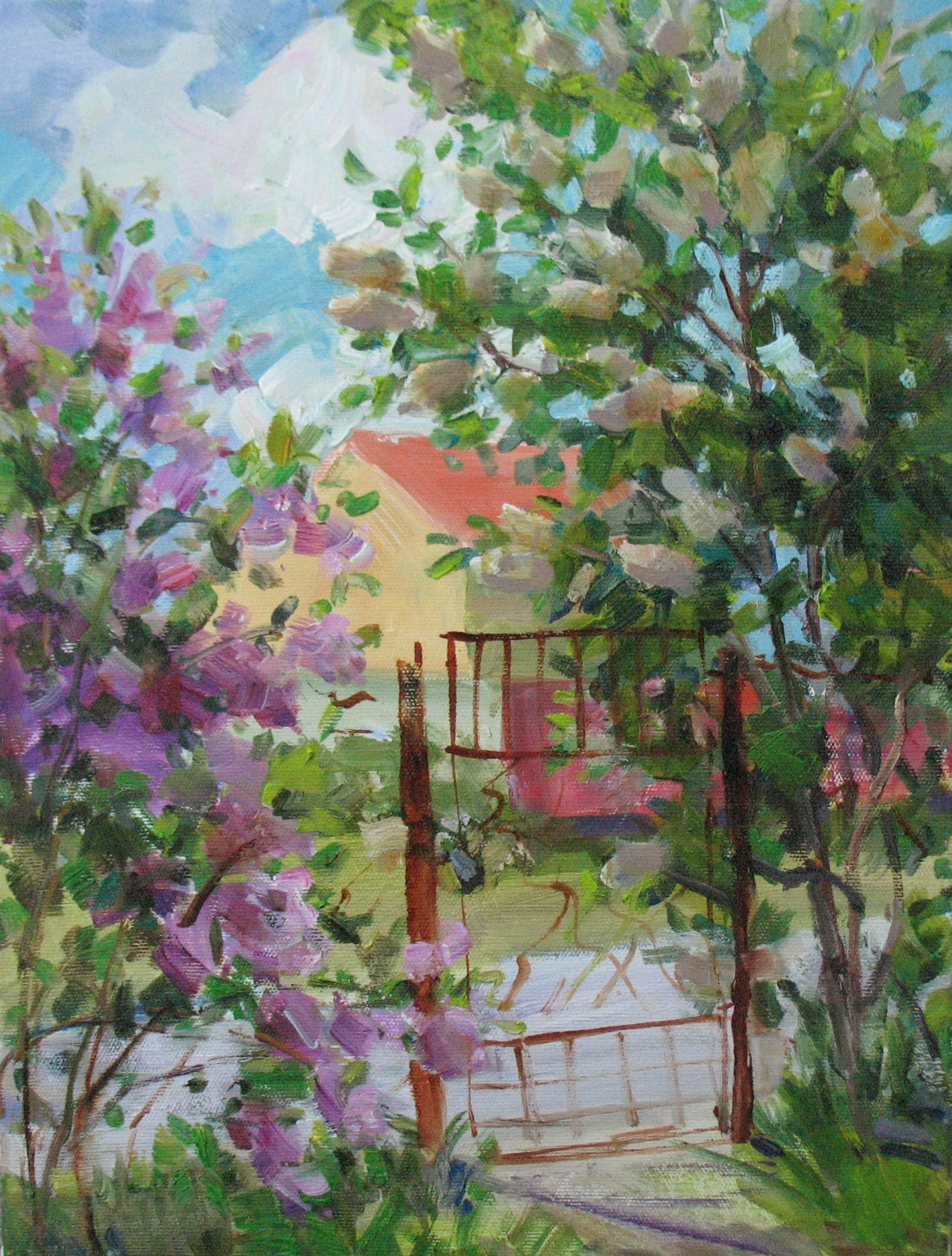 咲き誇るライラックの木々の油絵：春の田園風景画 - Etsy 日本