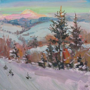Winter Carpathian Mountain Oil Painting: Snowy Landscape Art (30x30 cm)