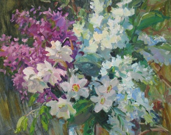 May include: A painting of a bouquet of purple, white, and blue flowers. The flowers are arranged in a vase and are surrounded by green leaves.