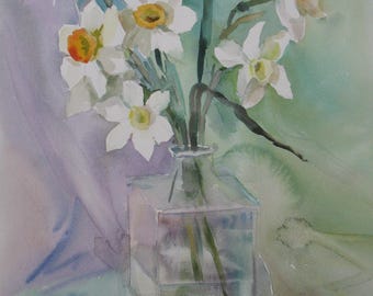 Original Daffodils Watercolor Painting: Floral Bedroom Decor